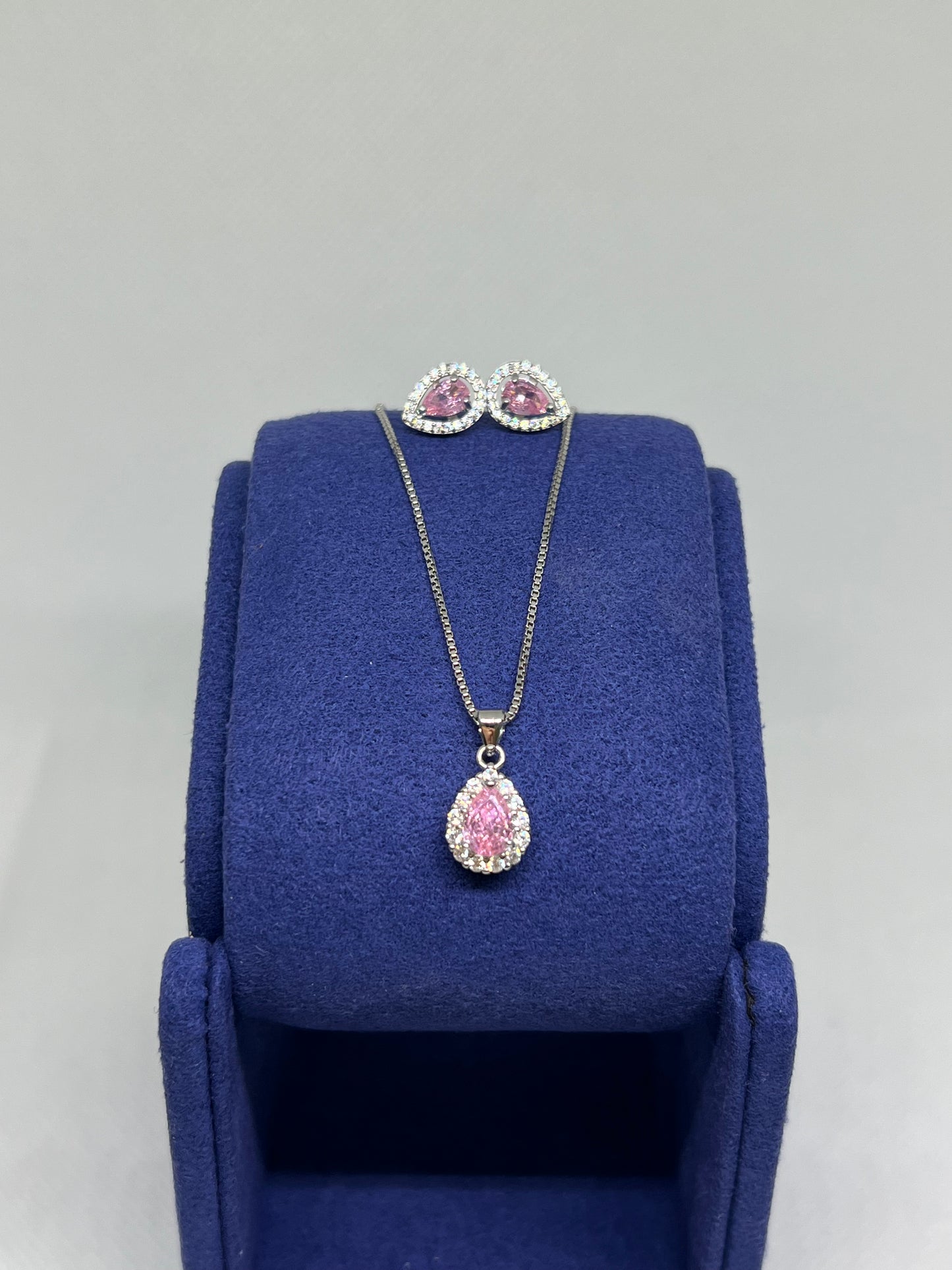 Sterling Silver Pink Diamond Teardrop Earring and Pendant Set