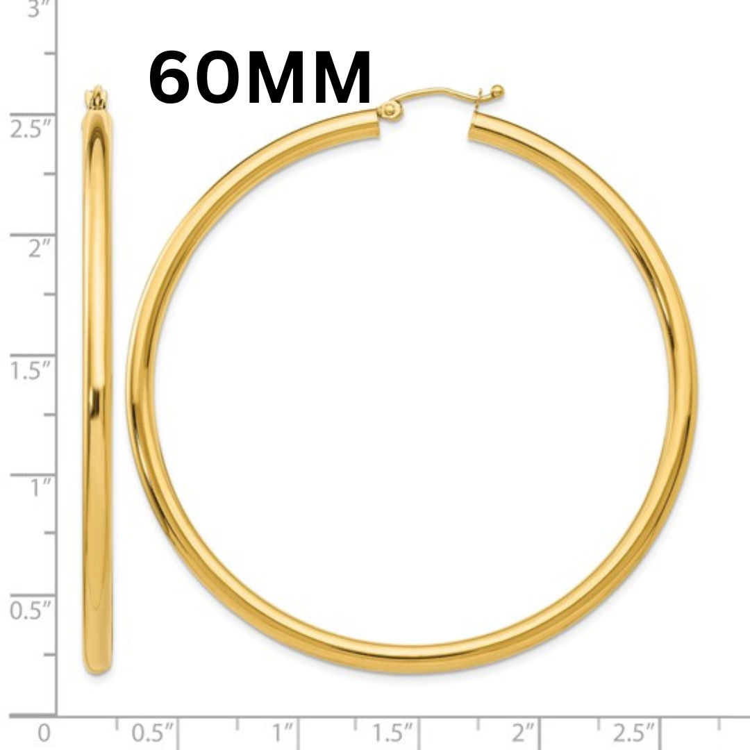 10K Gold Large Hoop Earrings 3MM (Clasp Style)