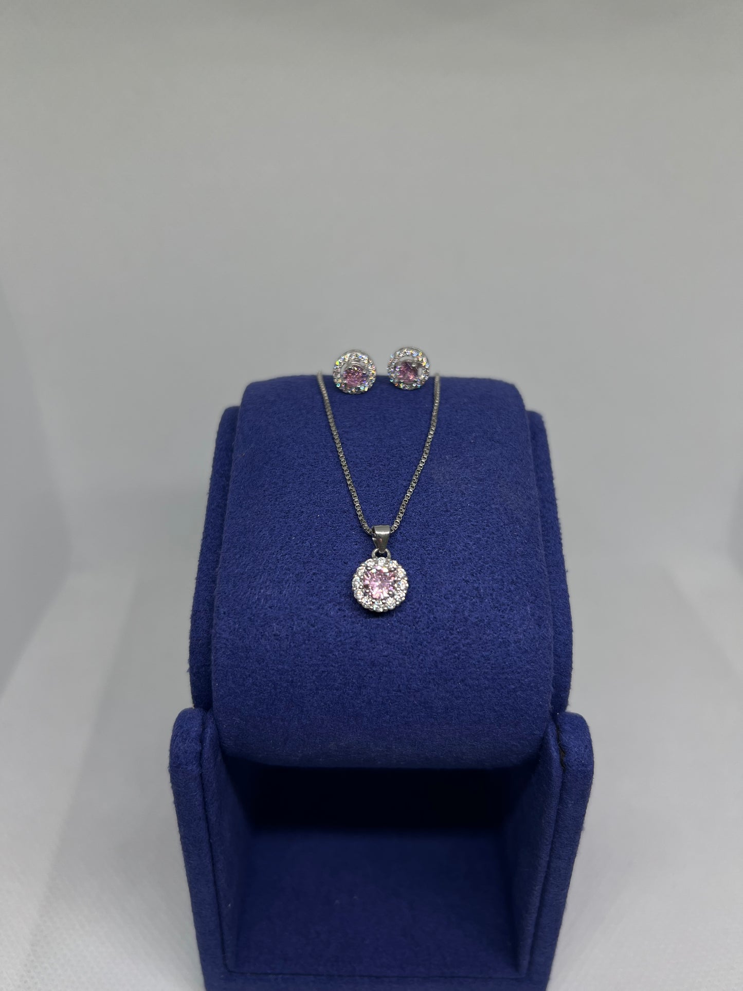 925 Sterling Silver Pink Diamond Circle Earring and Pendant Set