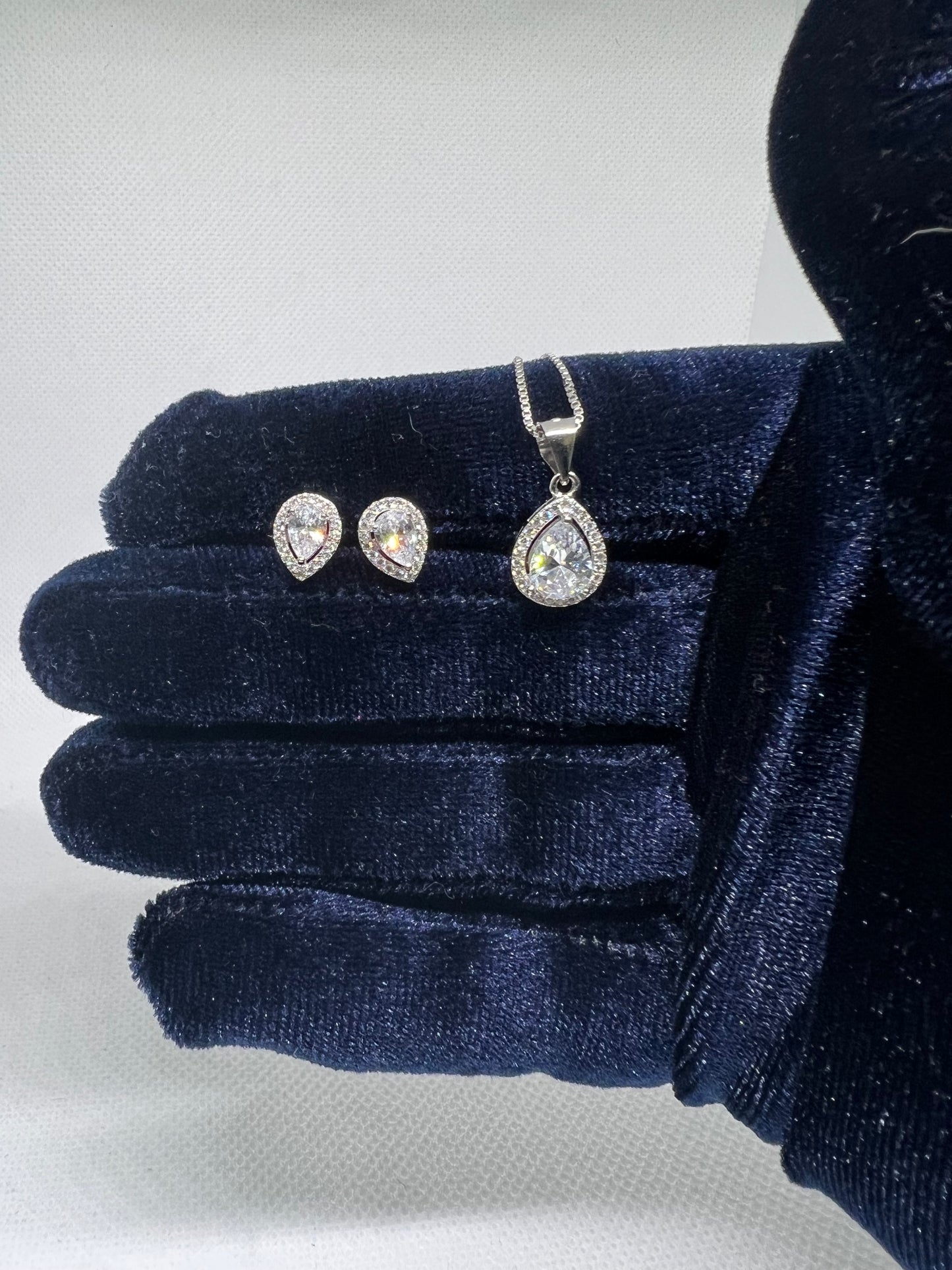 Sterling Silver Teardrop Diamond Earring and Pendant Set