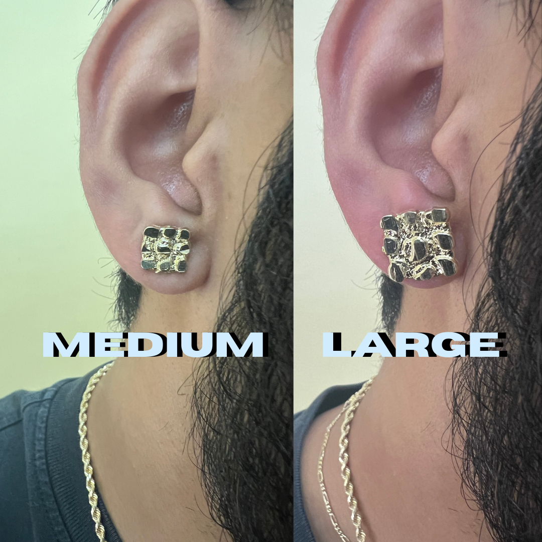 10K Square Gold Nugget Earrings - Chain Included