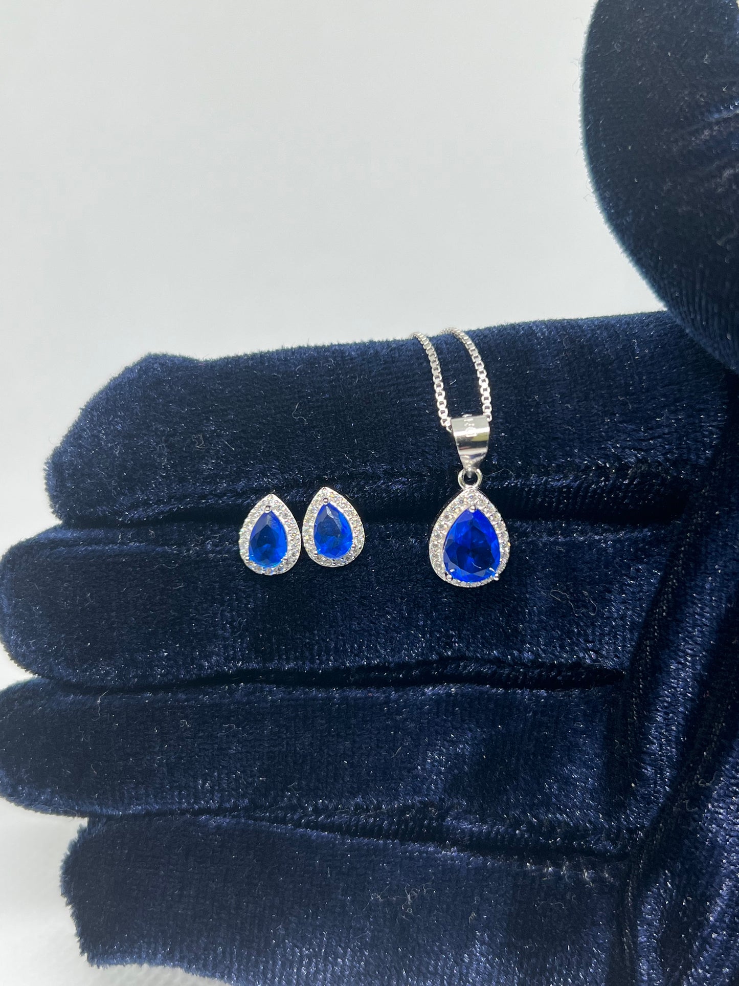 Sterling Silver Sapphire Teardrop Earrings and Pendant Set