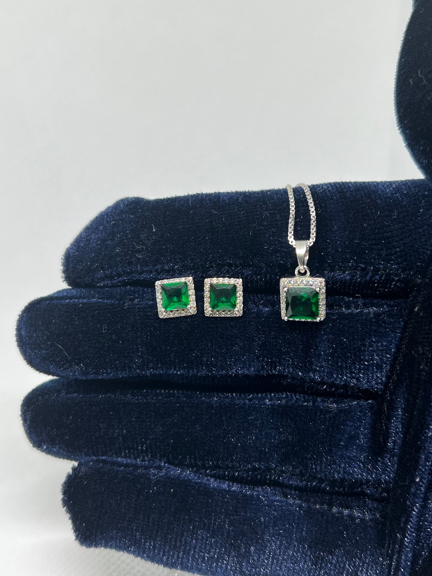 Sterling Silver Emerald Square Earring and Pendant Set
