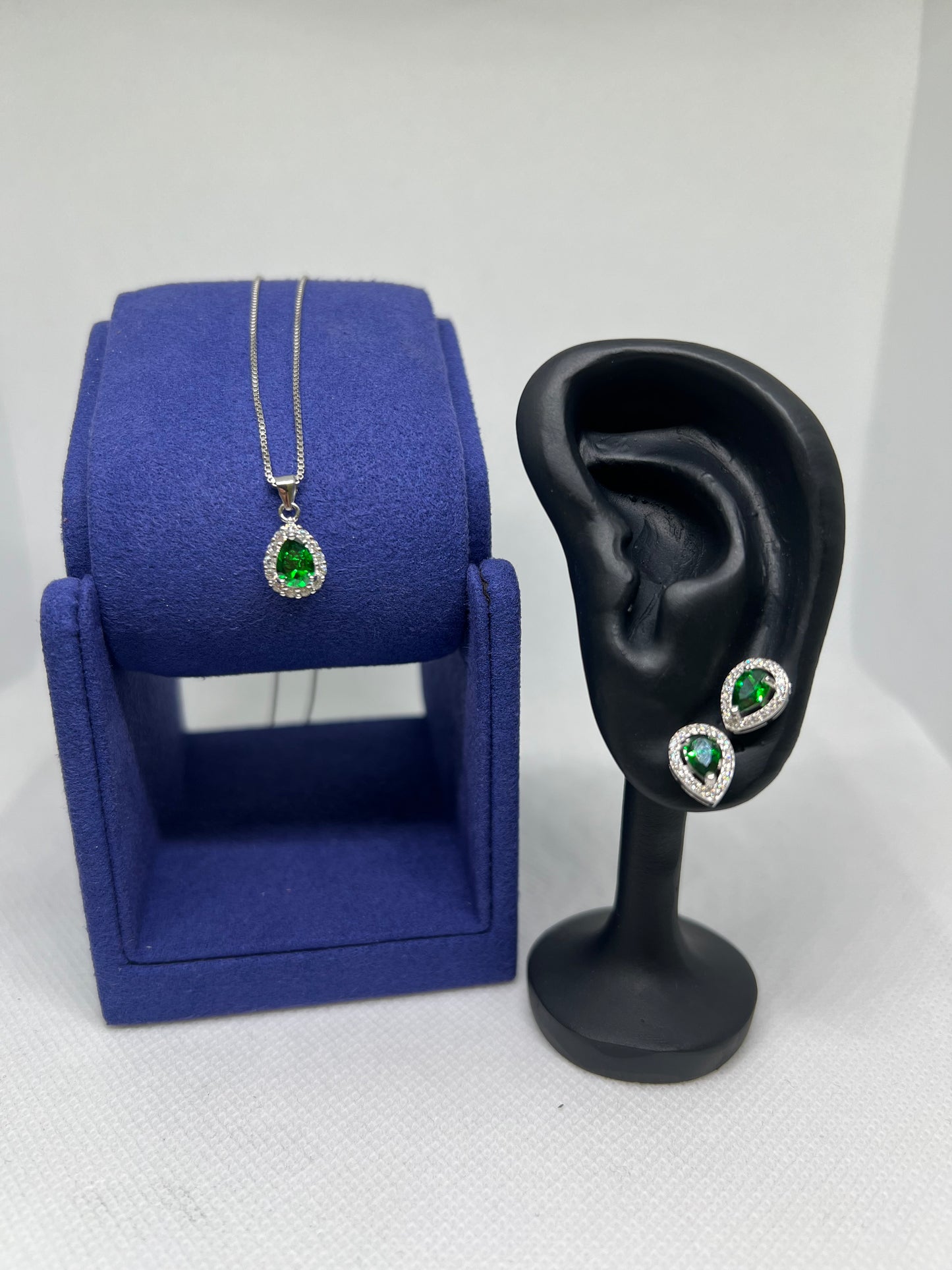 Sterling Silver Emerald Teardrop Earring and Pendant Set