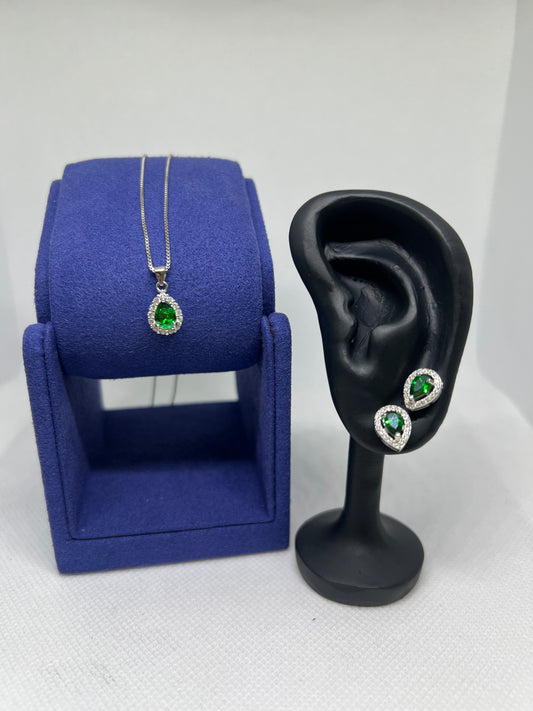 Sterling Silver Emerald Teardrop Earring and Pendant Set
