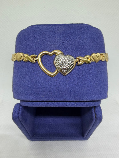 10K Solid Gold Double Heart Bracelet -￼7 Inches