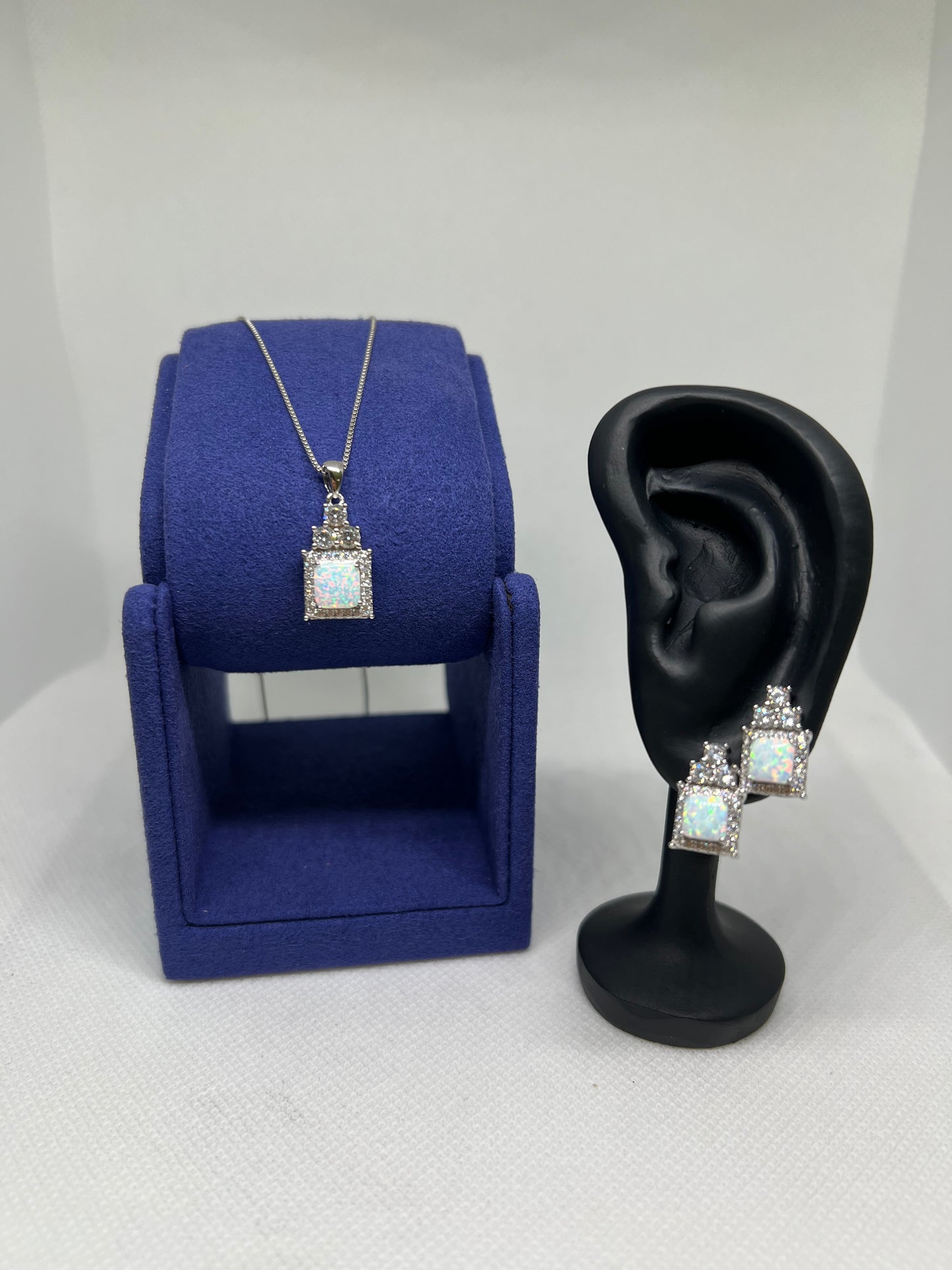 Sterling Silver Opal Square Earring and Pendant Set