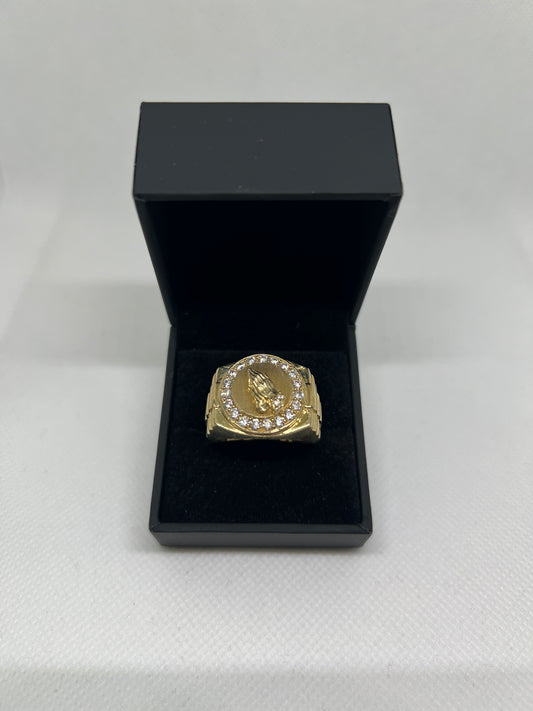 10K Solid Gold Praying Hands Ring - Chain Included