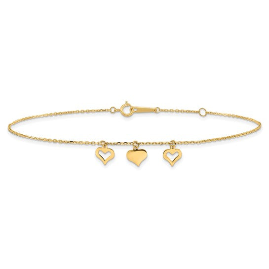 10K Yellow Gold Triple Heart Anklet
