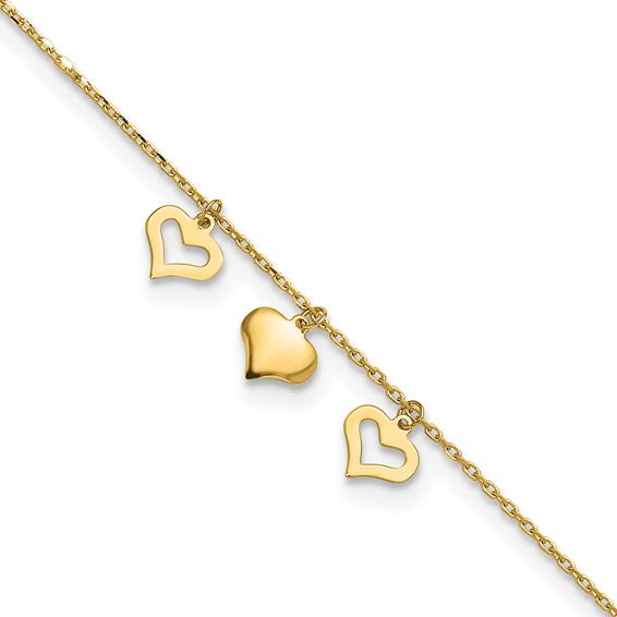 10K Yellow Gold Triple Heart Anklet