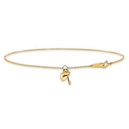 10K Yellow Gold Heart and Key Anklet