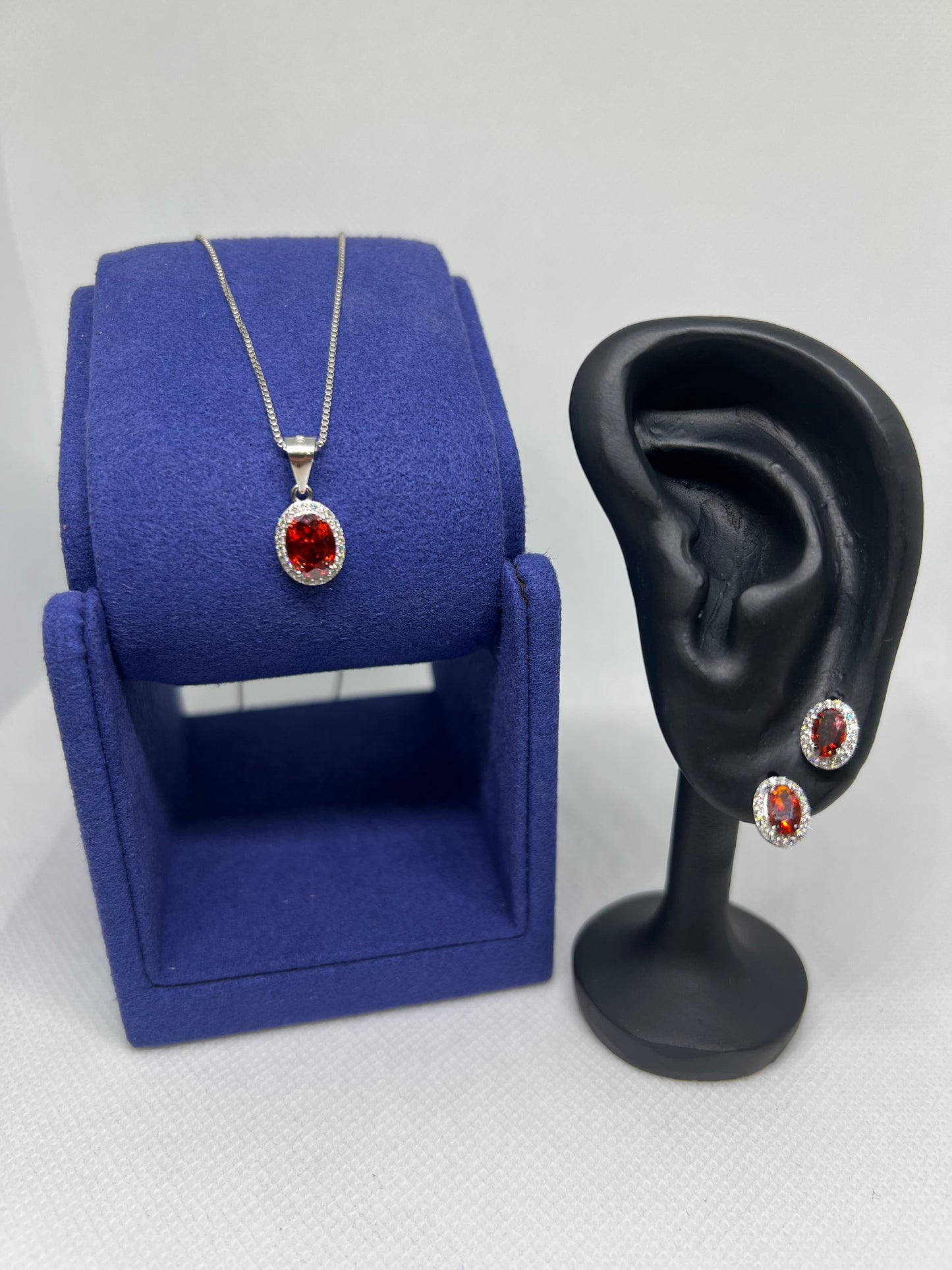 Sterling Silver Garnett Oval Earring and Pendant Set