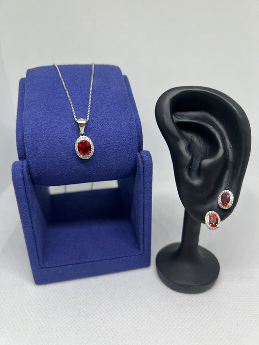 Sterling Silver Garnett Oval Earring and Pendant Set