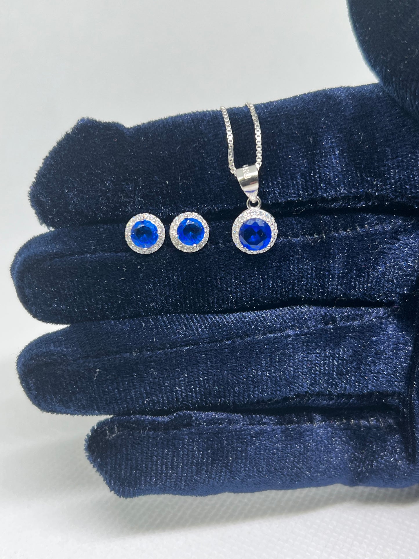 Sterling Silver Sapphire Circle Earring and Pendant Set