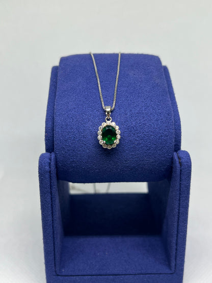 Sterling Silver Emerald Oval Earring and Pendant Set
