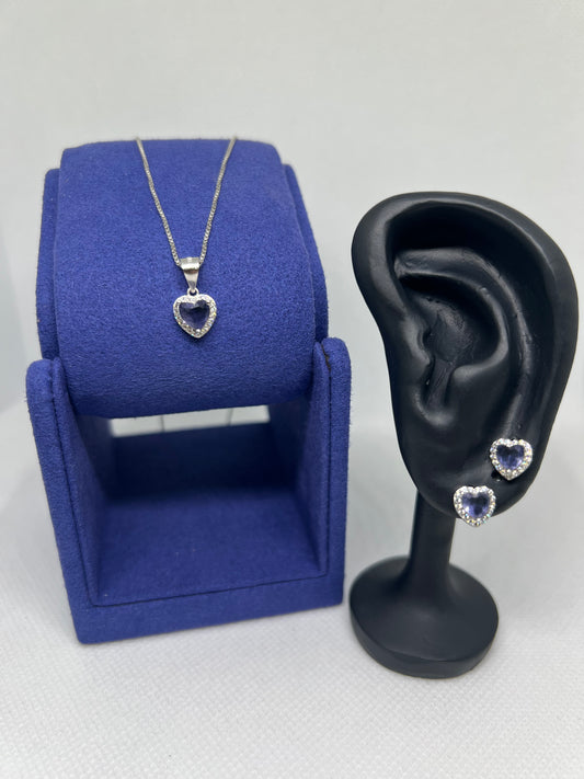 Sterling Silver Purple Diamond Hear Earring and Pendant