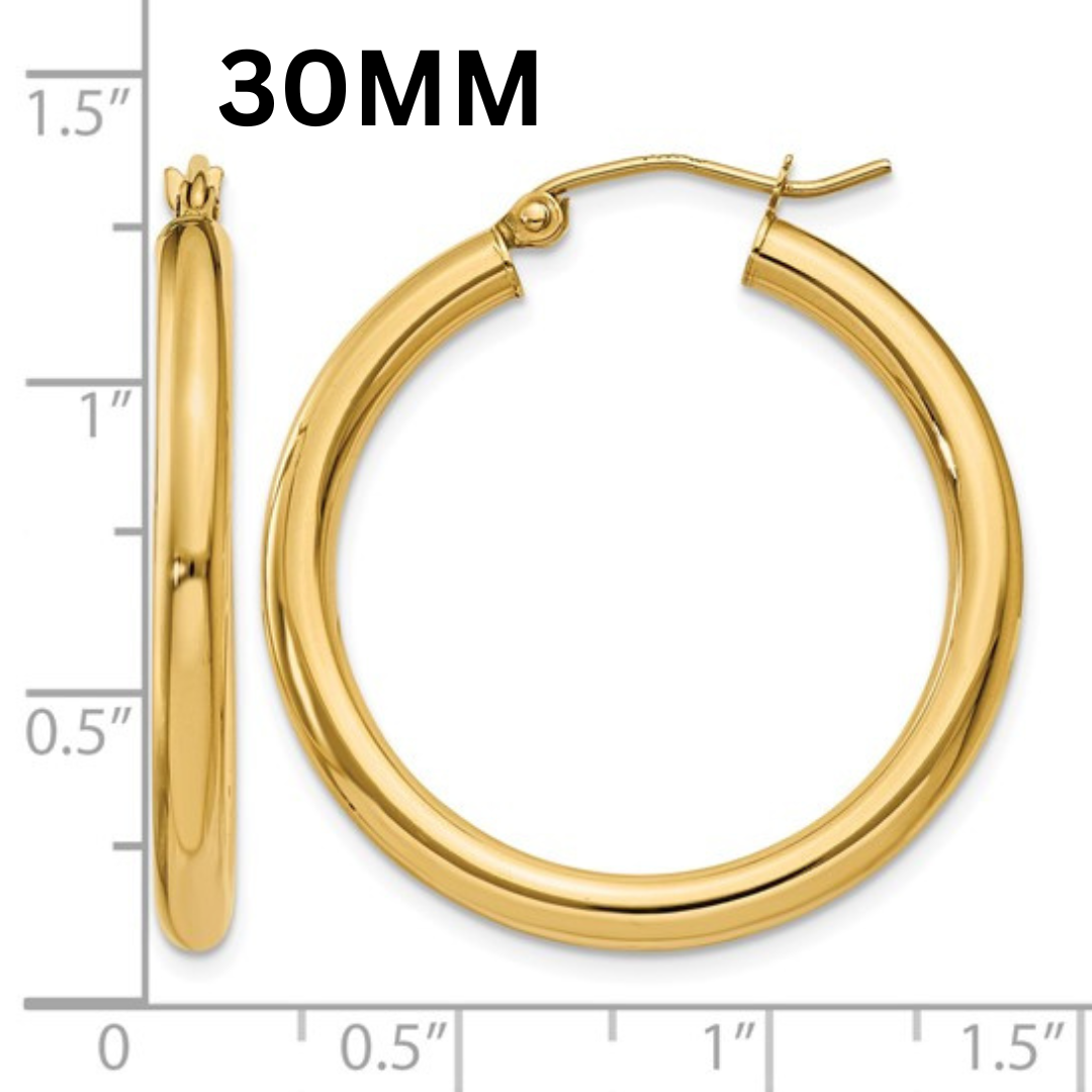 10K Gold Medium Hoop Earrings 3MM (Clasp Style)