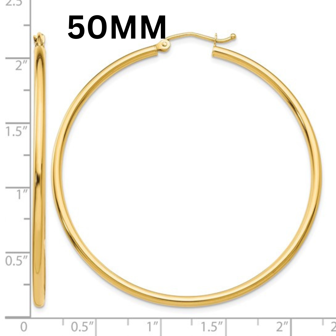 10K Gold Large Hoop Earrings  2MM (Clasp Style)