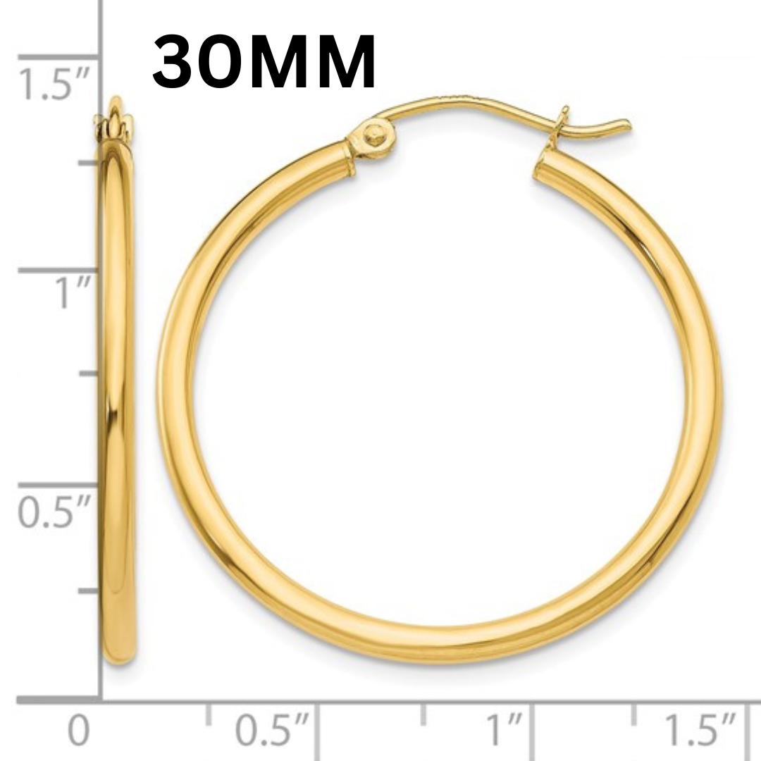 10K Gold Medium Hoop Earrings 2MM (Clasp Style)