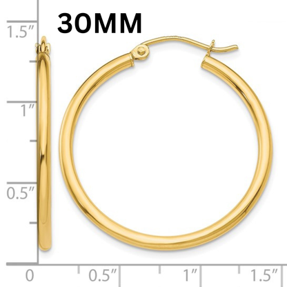 10K Gold Medium Hoop Earrings 2MM (Clasp Style)