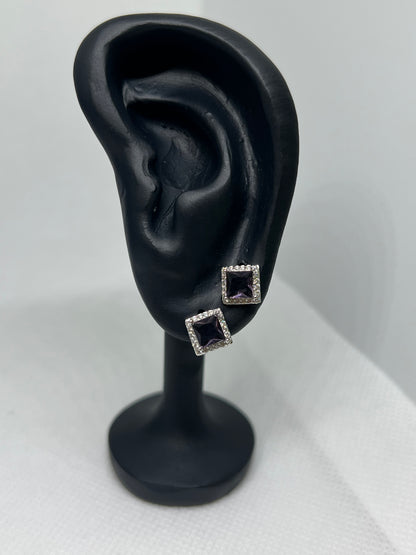 Sterling Silver Purple Diamond Radiant Earring and Pendant Set