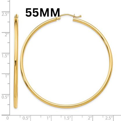 10K Gold Large Hoop Earrings  2MM (Clasp Style)