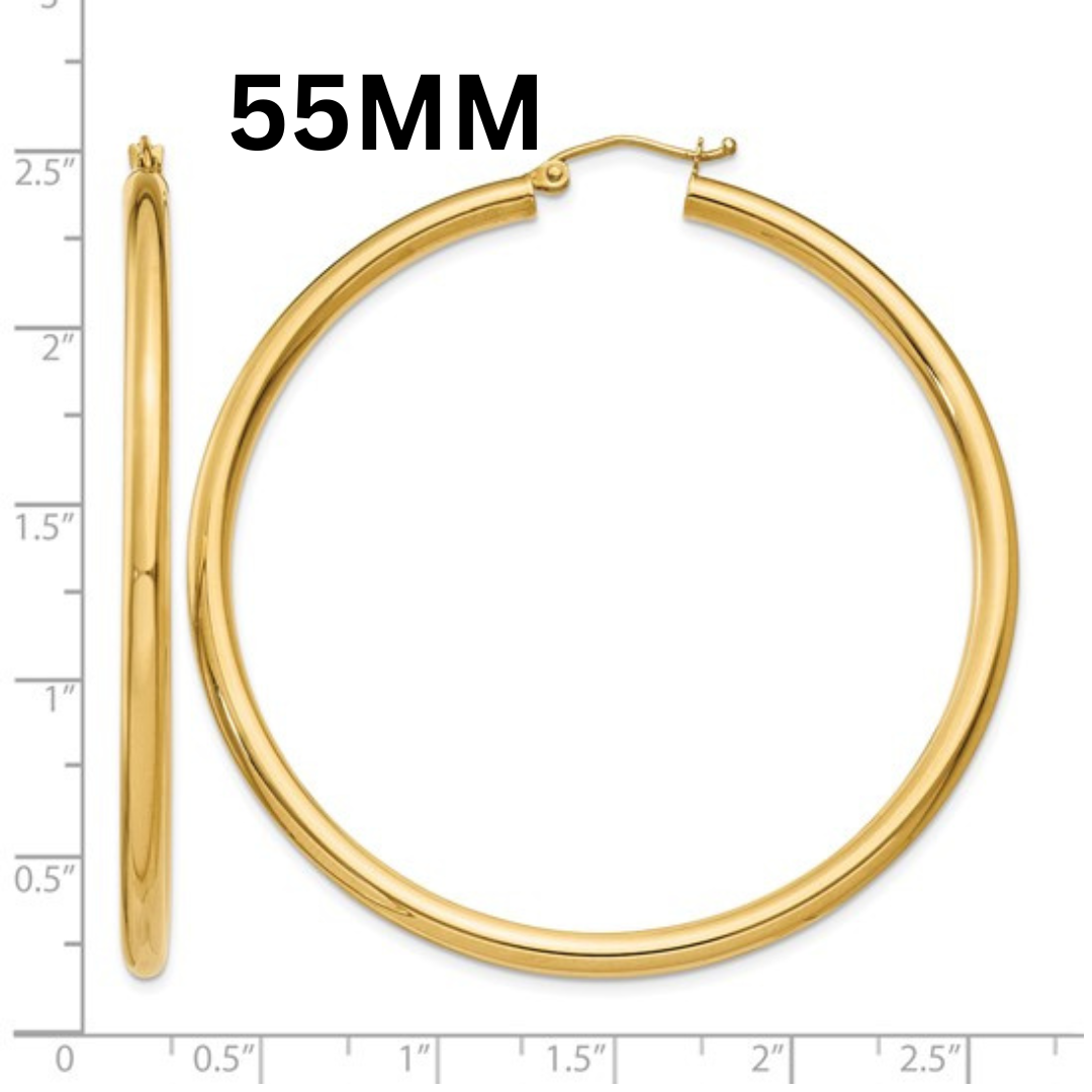 10K Gold Large Hoop Earrings 3MM (Clasp Style)