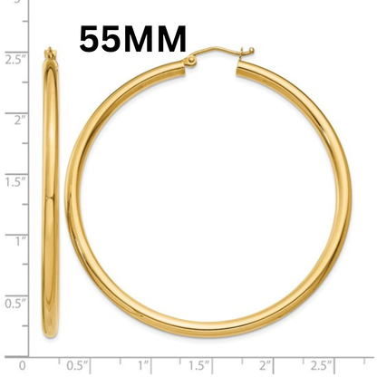 10K Gold Large Hoop Earrings 3MM (Clasp Style)