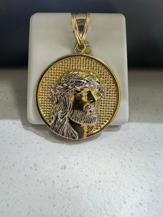 10K Gold Two Tone Jesus Face Circle Pendant