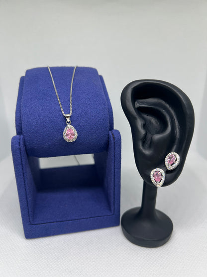 Sterling Silver Pink Diamond Teardrop Earring and Pendant Set