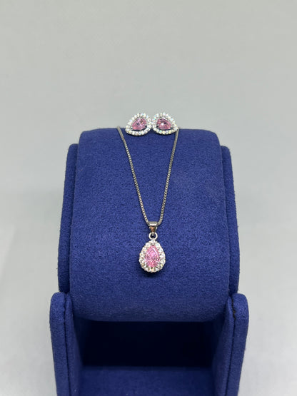 Sterling Silver Pink Diamond Teardrop Earring and Pendant Set