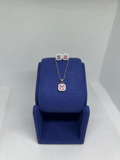Sterling Silver Pink Diamond Square Earring and Pendant Set