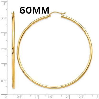 10K Gold Large Hoop Earrings  2MM (Clasp Style)