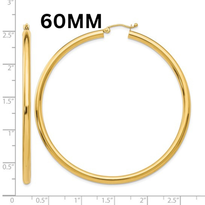 10K Gold Large Hoop Earrings 3MM (Clasp Style)