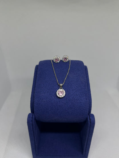 925 Sterling Silver Pink Diamond Circle Earring and Pendant Set