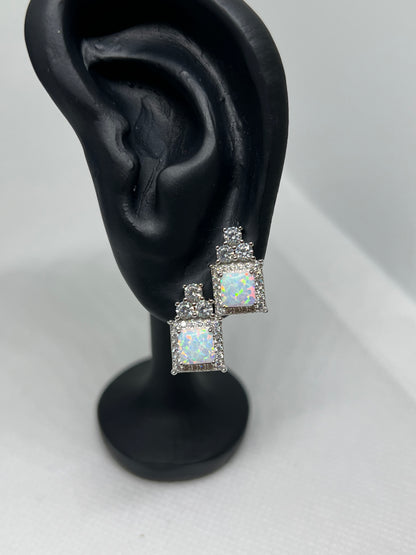 Sterling Silver Opal Square Earring and Pendant Set