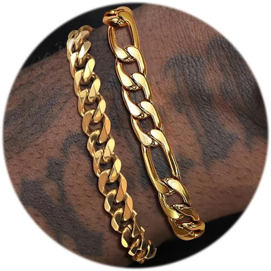 Cuban and Figaro Bracelet Pack in Yellow Gold