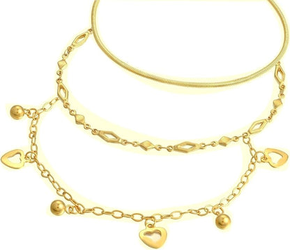 3 Pack Anklet Set for Layering in Yellow Gold