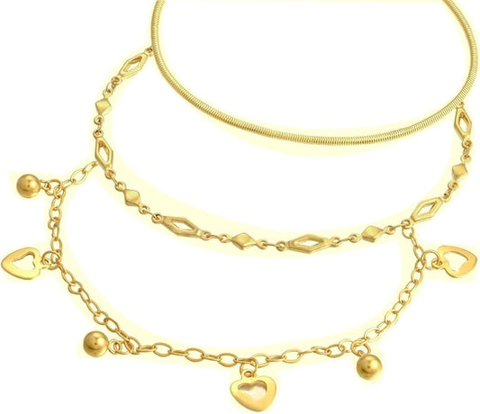 3 Pack Anklet Set for Layering in Yellow Gold