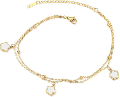 Layered White Clover Anklets in Yellow Gold