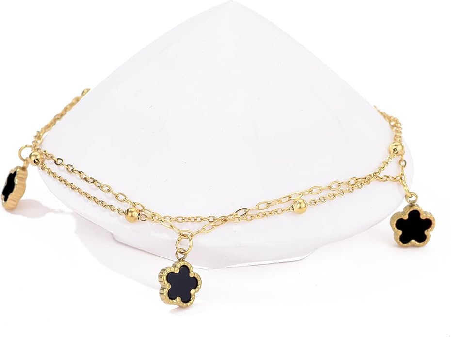 Layered Black Clover Anklets in Yellow Gold