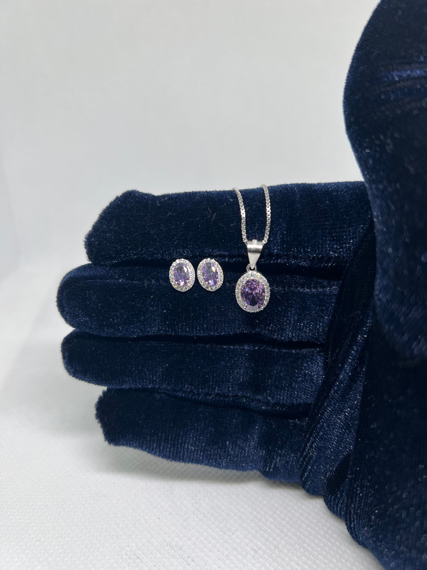 Sterling Silver Purple Diamond Oval Earring and Pendant