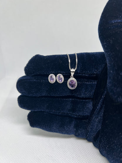 Sterling Silver Purple Diamond Oval Earring and Pendant