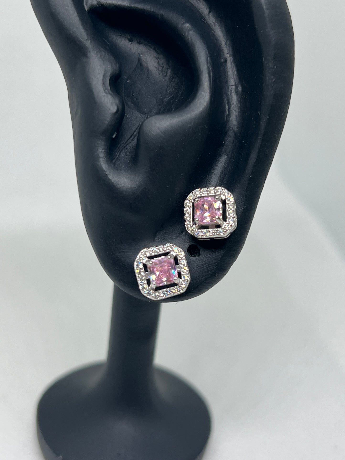 Sterling Silver Pink Diamond Square Earring and Pendant Set