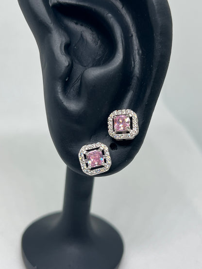 Sterling Silver Pink Diamond Square Earring and Pendant Set