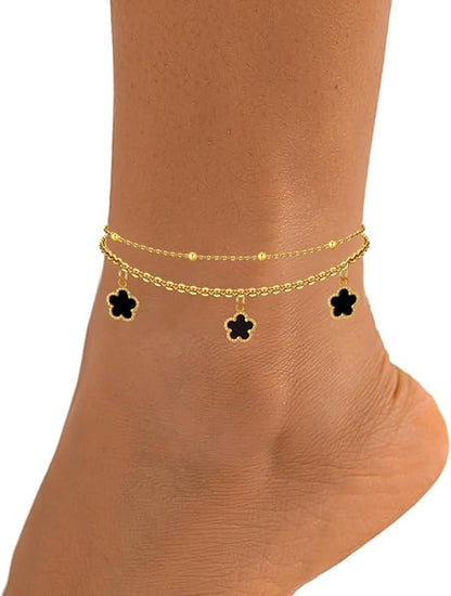 Layered Black Clover Anklets in Yellow Gold