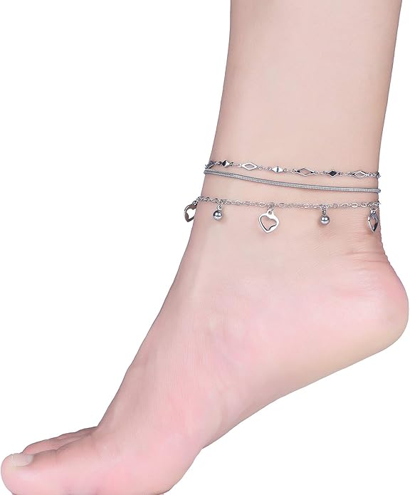 3 Pack Anklet Set for Layering in Silver