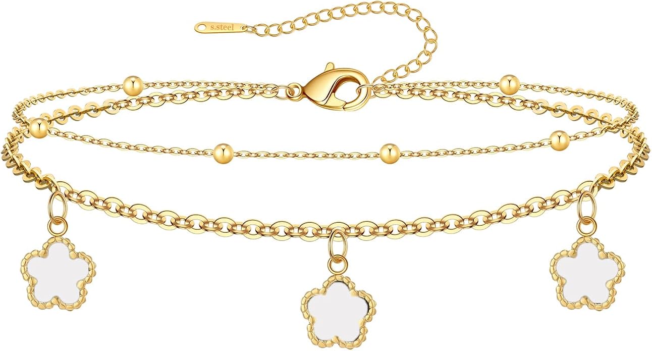 Layered White Clover Anklets in Yellow Gold