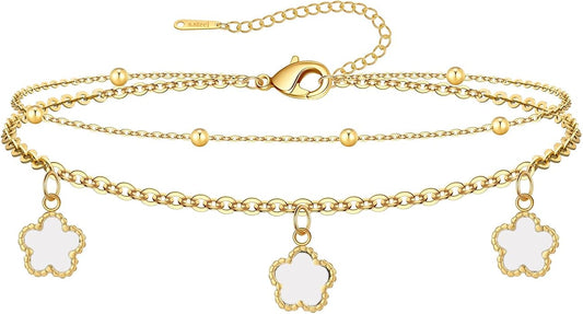 Layered White Clover Anklets in Yellow Gold