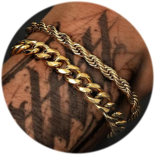 Rope and Cuban Bracelet Pack in Yellow Gold